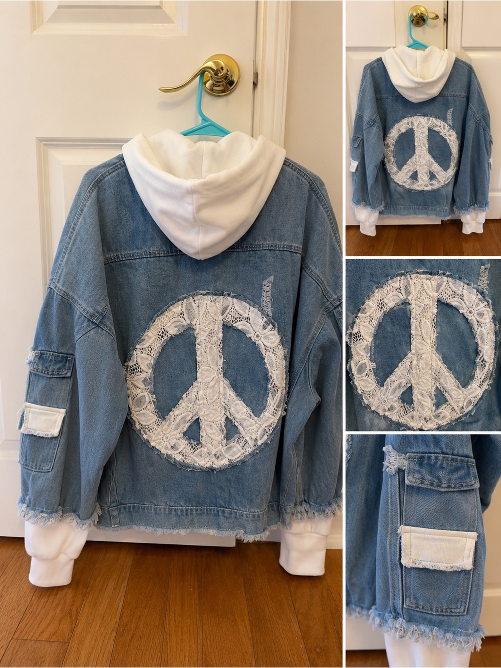 Blue Denim Jacket with White Lace Peace Sign Hoodie